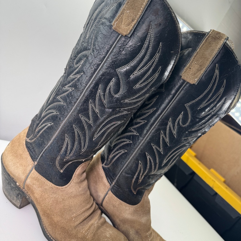 Vintage Texas Brand Boots Women 7M Tan Suede Black Leather Cowboy Western 80s - Picture 9 of 9